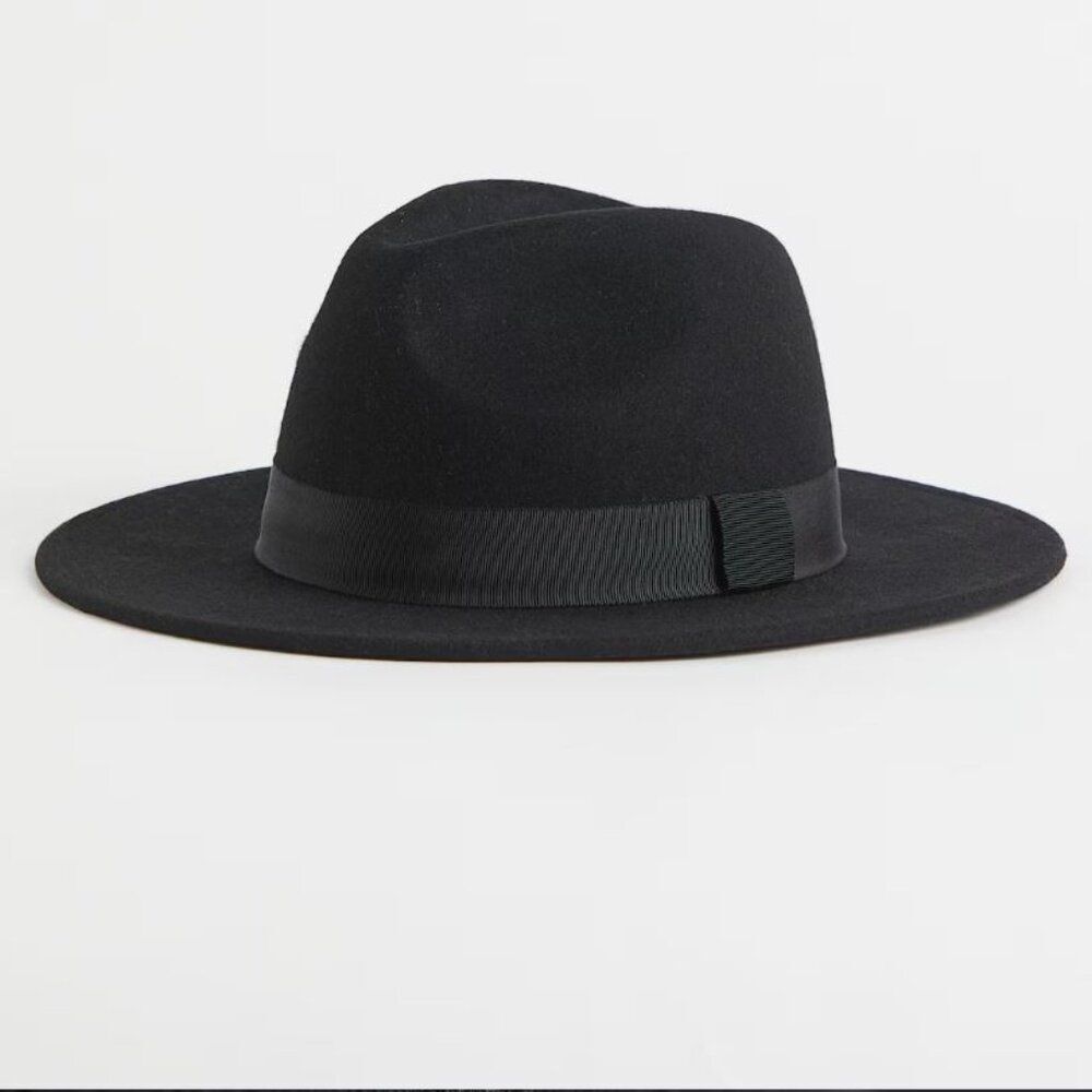H&M Black Felted Wool Fedora Hat Size Large/58 Ribbon Band Chic